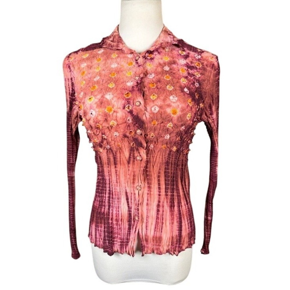 Fantazia Silk Button-Down Womens M/L Pink Tie Dye Popcorn Crinkle Top Fantazia